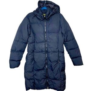 LOLÉ Puffer Jacket Sz XL Duck Down Fill Navy Blue Hooded Mid Length Light Coat